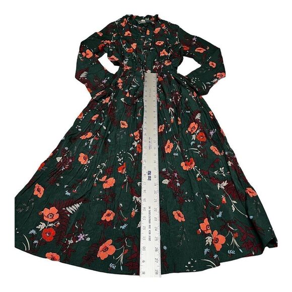 Floral Dress Women’s M Green Modest Long Sleeve Pleated Elastic Waist - Picture 3 of 16
